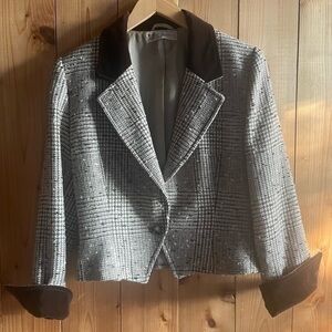 Vintage '80's Gucci Wool Plaid Nubby Tweed Houndstooth Blazer Jacket Velvet Trim